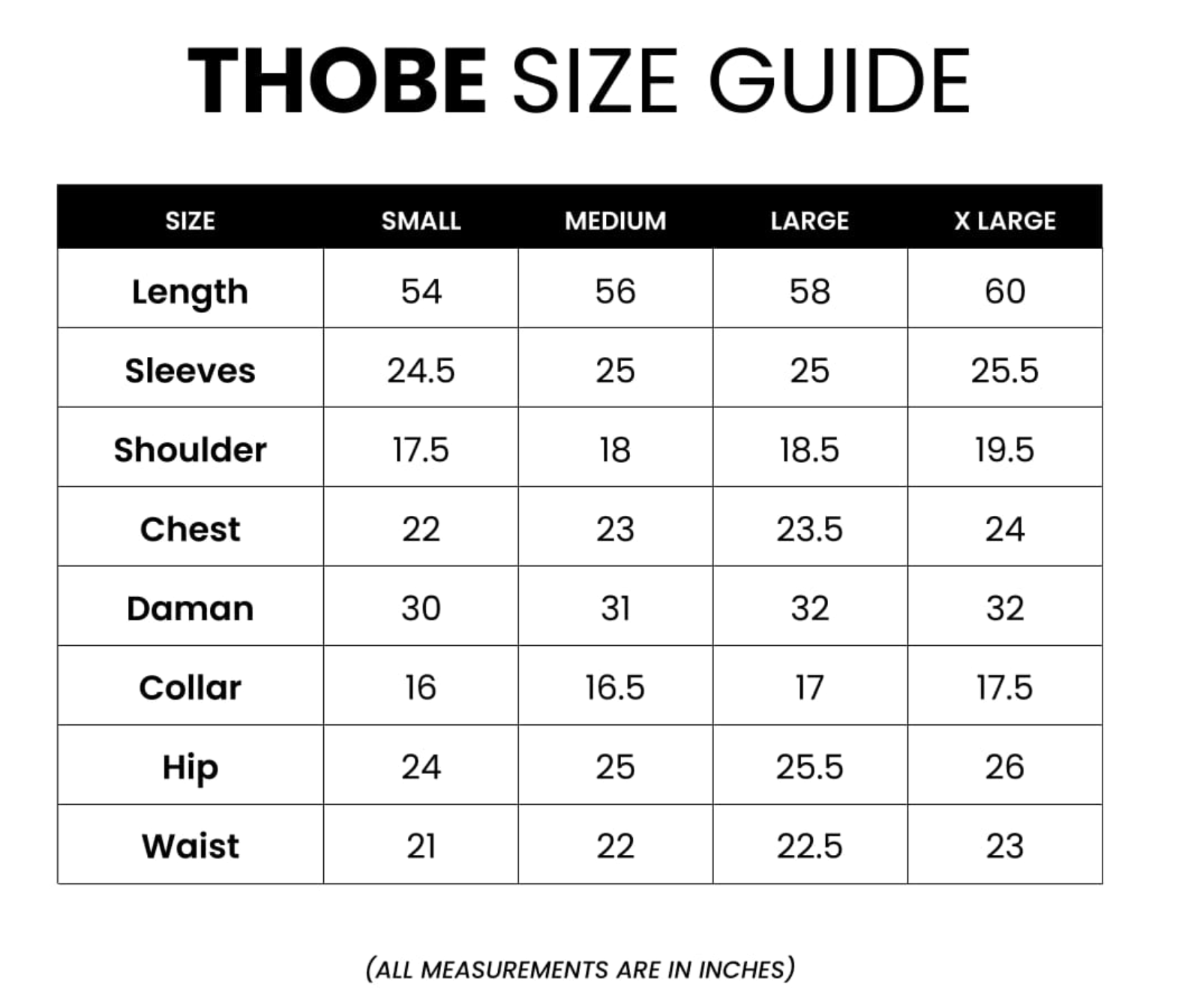 Al Hareer GenZ Thobe Size Chart